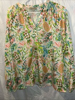Charlie Paige White Blouse with Coral, Lime and Sky Blue Tropical Print size lar